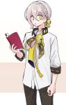  1boy asa_no_ha_(pattern) bell black_pants book braid commentary cowboy_shot french_braid grey_hair hair_bell hair_ornament holding holding_book iori_yuzuru ishitsuki_(_0101_831) looking_at_viewer male_focus neck_bell necktie open_mouth pants parted_lips shirt solo standing voiceroid white_shirt yellow_eyes yellow_necktie 