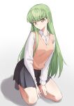  1girl absurdres bangs black_skirt breasts brown_vest c.c. closed_mouth code_geass collared_shirt eyebrows_visible_through_hair green_eyes green_hair grey_background grey_shirt highres leticia long_hair long_sleeves looking_at_viewer medium_breasts pleated_skirt shirt simple_background sitting skirt socks solo vest yellow_eyes 