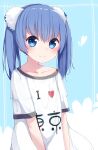  1girl bangs blue_background blue_eyes blue_hair blush closed_mouth clothes_writing collarbone commentary_request eyebrows_visible_through_hair floral_background hair_between_eyes heart highres i_heart... looking_at_viewer okota_mikan original shirt short_sleeves smile solo twintails white_shirt 