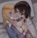  2girls areola_slip areolae bed_sheet blonde_hair blue_jacket blush bow breast_press breasts breasts_outside breath brown_hair collarbone collared_shirt commentary eyebrows_visible_through_hair face-to-face fumei_(mugendai) furrowed_brow gradient_hair hair_between_eyes hair_ribbon heavy_breathing highres jacket light_blue_hair lips long_sleeves looking_at_another lying maribel_hearn medium_breasts medium_hair multicolored_hair multiple_girls nipples no_bra on_back on_bed on_side open_clothes open_jacket open_mouth open_shirt pillow purple_eyes red_eyes ribbon shirt short_hair sweat touhou tress_ribbon two-tone_hair upper_body usami_renko white_bow white_shirt wing_collar yuri 