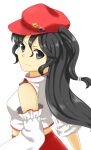  1girl absurdres bare_shoulders black_eyes black_hair cabbie_hat detached_sleeves eyebrows_visible_through_hair flat_cap haramin3 hat highres label_girl_(dipp) long_hair mandarin_collar midriff red_headwear red_skirt simple_background skirt smile solo touhou vest white_background white_sleeves white_vest wide_sleeves 