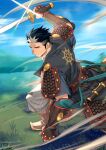  1boy armor bara belt black_hair blurry blurry_background closed_mouth cloud da_thach_(kienbiu) day ero_condo facial_hair fighting_stance grey_pants highres holding holding_sword holding_weapon japanese_armor japanese_clothes kienbiu kimono male_focus multicolored_hair muscular muscular_male official_art outdoors pants pauldrons sheath short_hair short_kimono shoulder_armor sideburns sky solo streaked_hair stubble sword two-tone_hair unsheathed vambraces weapon white_hair 