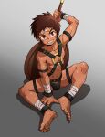  1boy absurdres amino_(aminor) ankle_wrap barbarian barefoot black_underwear brown_hair chain child dark_skin dirty dirty_feet drawing_sword fantasy gradient half-swording highres holding holding_sword holding_weapon looking_at_viewer male_focus muscular muscular_male on_floor original over_shoulder ready_to_draw red_eyes scar scar_on_face scared shield smile solo sword sword_over_shoulder teeth weapon weapon_over_shoulder 