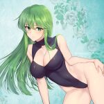  1girl alternate_costume awayuki_ramika black_swimsuit blush breasts cleavage cleavage_cutout closed_mouth clothing_cutout commentary covered_navel cowboy_shot eyebrows_visible_through_hair fire_emblem fire_emblem:_new_mystery_of_the_emblem fire_emblem:_shadow_dragon floral_background flower green_eyes green_hair hair_between_eyes hair_over_shoulder large_breasts long_hair looking_at_viewer one-piece_swimsuit palla_(fire_emblem) sidelocks skin_tight smile solo straight_hair swimsuit thighs twitter_username 