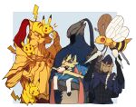  1girl 2boys armor artorias_the_abysswalker beedrill blue_cape cape crossover dark_souls_(series) donar0217 dragon_slayer_ornstein full_armor height_difference helmet lord&#039;s_blade_ciaran mask multiple_boys pikachu pokemon pokemon_(creature) shoulder_armor zacian 