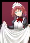  1girl absurdres apron aqua_eyes bangs black_dress bow bowtie closed_mouth commentary_request dress highres hisui_(tsukihime) juliet_sleeves long_sleeves looking_at_viewer maid maid_apron maid_headdress puchitoro2 puffy_sleeves red_bow red_bowtie red_hair short_hair skirt skirt_hold smile solo tsukihime tsukihime_(remake) white_apron 