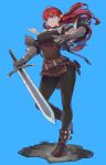  1girl armor belt blue_background boots breasts capelet commentary_request full_body gauntlets hair_ribbon highres holding holding_sword holding_weapon jun_(seojh1029) leather_armor long_hair original red_hair ribbon sheath signature simple_background sky solo sword twintails weapon 