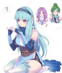  3girls absurdres alternate_costume bangs bare_shoulders blue_hair blush breasts cape cosplay dress fire_emblem fire_emblem:_the_blazing_blade fire_emblem_heroes florina_(fire_emblem) gloves green_eyes green_hair hair_ornament high_ponytail highres japanese_clothes jewelry large_breasts long_hair looking_at_viewer lyn_(fire_emblem) manakete multiple_girls ninian_(fire_emblem) ninja official_alternate_costume open_mouth ponytail red_eyes ritence simple_background smile very_long_hair weapon 