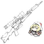  1girl ^_^ belt beret blonde_hair chibi closed_eyes commentary_request dress fr_f2 gloves grey_footwear gun hair_between_eyes hat kantai_collection loafers long_hair no_mouth pom_pom_(clothes) richelieu_(kancolle) rifle scarf shoes simple_background sniper_rifle solo strapless strapless_dress task_(s_task80) two-tone_dress weapon white_background white_headwear 