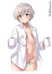  1girl blue_eyes blue_panties blush coffee coffee_mug collarbone collared_shirt commentary_request cowboy_shot cropped_legs cup ebifurya eyebrows_visible_through_hair groin highres holding holding_cup kantai_collection long_sleeves looking_at_viewer mug navel open_clothes open_mouth open_shirt panties shirt short_hair silver_hair simple_background solo twitter_username underwear white_background white_shirt z1_leberecht_maass_(kancolle) 