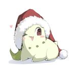  &gt;_o ;d blush_stickers bright_pupils brown_eyes chikorita commentary full_body hat hatted_pokemon heart highres looking_to_the_side lying milka_(milk4ppl) no_humans on_stomach one_eye_closed open_mouth pokemon pokemon_(creature) red_headwear santa_hat smile solo tongue white_pupils 