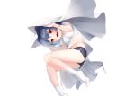  1girl :d arms_up bangs bare_legs black_shorts blanket blue_hair blush dolphin_shorts eyebrows_visible_through_hair fang foot_out_of_frame highres looking_at_viewer mame_(hyeon5117) midriff_peek navel no_shoes open_mouth original red_eyes shirt short_hair short_shorts short_sleeves shorts simple_background skin_fang smile socks solo white_background white_legwear white_shirt 