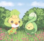  :d black_eyes blush budew bug bush cloud commentary day fangs flower grass highres milka_(milk4ppl) no_humans open_mouth outdoors pink_flower pokemon pokemon_(creature) sewaddle sky smile tongue 