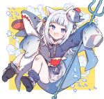  1girl animal_ears bangs bloop_(gawr_gura) blue_eyes blue_footwear blue_hoodie blue_legwear cat_ears commentary drawstring gawr_gura hair_ornament highres holding holding_weapon hololive hololive_english hood hoodie knees_together_feet_apart knees_up kokemoco looking_at_viewer loose_socks oversized_clothes polearm romaji_commentary salmon shark_hair_ornament sharp_teeth shoes sidelocks sleeves_past_fingers sleeves_past_wrists solo stuffed_animal stuffed_shark stuffed_toy teeth trident two_side_up virtual_youtuber weapon white_hair 