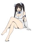  1girl :d azasuke bare_legs barefoot blue_bow blue_bowtie blue_eyes bow bowtie breasts brown_hair cleavage cleavage_cutout clothing_cutout crossed_legs dress dungeon_ni_deai_wo_motomeru_no_wa_machigatteiru_darou_ka feet full_body gloves hestia_(danmachi) invisible_chair large_breasts legs looking_at_viewer pencil_dress rei_no_himo short_dress simple_background sitting smile solo thighs toes twintails white_background white_dress white_gloves 