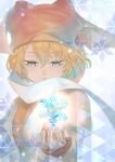  1boy blonde_hair blue_eyes facing_viewer final_fantasy final_fantasy_tactics_advance fingerless_gloves gloves haruhito_(pixiv56745) highres llednar_twem red_headwear scarf snowflakes solo upper_body white_scarf 