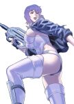  1girl assault_rifle azasuke blue_jacket breasts covered_nipples from_side ghost_in_the_shell gun holding holding_gun holding_weapon jacket kusanagi_motoko large_breasts leotard medium_hair open_clothes open_jacket parted_lips purple_hair purple_legwear red_eyes rifle shin_guards sideboob simple_background skindentation solo standing thighhighs weapon white_background white_leotard 