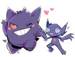  blush_stickers commentary commission english_commentary gengar grin heart highres holding_hands milka_(milk4ppl) no_humans one_eye_closed pokemon pokemon_(creature) sableye signature simple_background smile teeth white_background 