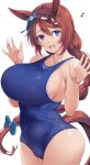  1girl :d absurdres animal_ears bangs bare_arms blue_swimsuit bow braid breasts brown_hair collarbone commentary_request covered_navel curvy fat_mons hair_bow hair_ornament highres horse_ears horse_girl horse_tail kntrs_(knyrs) large_breasts long_hair looking_at_viewer musical_note one-piece_swimsuit open_mouth purple_eyes school_swimsuit shiny shiny_skin sideboob simple_background smile solo standing super_creek_(umamusume) swimsuit tail taut_clothes taut_swimsuit teeth umamusume upper_teeth white_background 