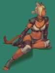  1girl 2021 animal_ear_fluff animal_ears aqua_background artist_name avatar_(ff11) black_gloves blonde_hair blue_eyes breasts cat_ears cat_girl cat_tail cleavage dark-skinned_female dark_skin dated elbow_gloves final_fantasy final_fantasy_xi fingerless_gloves fringe_trim full_body gloves highres loincloth medium_breasts midriff mithra_(ff11) navel no_eyebrows short_hair short_twintails solo tail toeless_footwear toenails twintails yuccoshi 