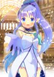  1girl :d asymmetrical_gloves bangs blue_choker blue_eyes blue_hair blurry blurry_background breasts choker commentary_request commission depth_of_field dress eyebrows_visible_through_hair fate/grand_order fate_(series) gloves gradient_hair green_gloves hand_up high_ponytail kou_hiyoyo looking_at_viewer medea_(lily)_(fate) mismatched_gloves multicolored_hair outstretched_arm pointy_ears ponytail purple_gloves purple_hair sidelocks skeb_commission small_breasts smile solo strapless strapless_dress white_dress 