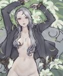  1girl breasts covered_nipples earrings grey_hair hair_behind_ear highres jacket jewelry large_breasts long_hair looking_at_viewer necklace niijima_sae nude persona persona_5 poechan_chan red_eyes silver_hair solo 