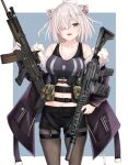  1girl absurdres animal_ears assault_rifle bangs bare_shoulders battle_rifle black_legwear black_shorts breasts chicami cleavage collarbone dog_tags ear_piercing elcan_scope fangs floating_hair fn_scar fn_scar_16 fur-trimmed_jacket fur_trim grey_eyes grey_hair gun hair_ornament hair_over_one_eye hairclip highres holding holding_gun holding_weapon hololive jacket large_breasts lion_ears lion_girl looking_at_viewer multicolored_hair navel off_shoulder open_mouth piercing rifle shishiro_botan short_hair shorts sig_sauer sig_sauer_mcx_spear smile solo sports_bra streaked_hair suppressor virtual_youtuber weapon x_hair_ornament 