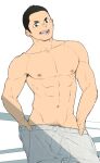  1boy abs armpit_hair bandaid bandaid_on_nose bara bulge clothes_pull feet_out_of_frame gakki_(gaku_suru) grey_pants large_pectorals long_sideburns looking_at_viewer male_focus male_pubic_hair muscular muscular_male navel nipples no_male_underwear original pants pants_pull pectorals pubic_hair short_hair sideburns smile solo standing stomach topless_male track_pants undressing 