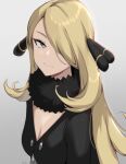  1girl bangs black_coat black_collar blonde_hair breasts cleavage closed_mouth coat collar commentary cynthia_(pokemon) eyelashes fur_collar grey_background grey_eyes hair_ornament hair_over_one_eye highres long_hair looking_to_the_side milka_(milk4ppl) pokemon pokemon_(game) pokemon_dppt solo upper_body 