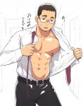  1boy abs bara bare_pectorals black_pants brown_hair commentary gakki_(gaku_suru) glasses male_focus muscular muscular_male navel necktie nipples open_clothes open_shirt original pants pectorals red_necktie short_hair sideburns solo stomach translated undone_necktie undressing 