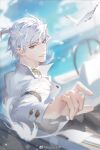  1boy blurry buttons depth_of_field formal highres kuzpao light_and_night_love long_sleeves male_focus outdoors qi_sili shirt short_hair silver_hair smile solo suit upper_body white_hair 