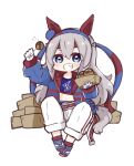  1girl animal_ears arm_up bangs belt belt_buckle blue_eyes blue_footwear blue_hairband blue_jacket buckle chibi commentary_request eyebrows_visible_through_hair fingerless_gloves food full_body gloves grey_hair grin hair_between_eyes hairband hand_up headband highres hitomiz holding holding_food horse_ears horse_girl horse_tail jacket long_hair long_sleeves looking_at_viewer navel open_clothes open_jacket pants puffy_long_sleeves puffy_sleeves red_belt red_headband red_legwear shoes simple_background sitting smile socks solo tail takoyaki tamamo_cross_(umamusume) umamusume v-shaped_eyebrows very_long_hair white_background white_gloves white_pants 