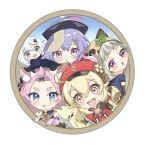  5girls :3 :d ahoge animal_ears animal_hood backpack bag bag_charm bangs bangs_pinned_back black_gloves black_scarf blue_eyes blunt_bangs blush brown_gloves brown_scarf cabbie_hat cat_ears charm_(object) chestnut_mouth chibi clover_print coat coin_hair_ornament commentary_request diona_(genshin_impact) dodoco_(genshin_impact) elbow_gloves eyebrows_visible_through_hair fake_animal_ears forehead genshin_impact gloves green_eyes hair_between_eyes hat hat_feather hat_ornament highres hood jiangshi klee_(genshin_impact) leaf leaf_on_head light_brown_hair long_hair long_sleeves looking_at_viewer low_twintails mechanical_halo miyuu_(user_wjnw3483) multiple_girls ninja ofuda orange_eyes outstretched_arms paimon_(genshin_impact) parted_lips pink_hair pocket pointy_ears purple_eyes purple_hair qing_guanmao qiqi_(genshin_impact) raccoon_ears raccoon_hood randoseru red_coat red_headwear round_image sayu_(genshin_impact) scarf short_hair short_sleeves sidelocks silver_hair simple_background smile spread_arms stuffed_animal stuffed_toy thick_eyebrows twintails waving white_background white_hair 