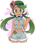  1girl :d adapted_costume bangs bare_arms breasts commentary dark-skinned_female dark_skin english_commentary flower green_eyes green_hair green_headband grey_shorts hand_up headband heart long_hair looking_at_viewer mallow_(pokemon) milka_(milk4ppl) open_mouth pink_flower pokemon pokemon_(game) pokemon_sm shorts signature sleeveless smile solo sweatdrop sweater_vest swept_bangs teeth tongue twintails upper_teeth 