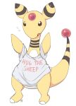  ampharos arms_up brown_eyes clothed_pokemon clothes_writing commentary english_commentary flying_sweatdrops full_body grey_shirt milka_(milk4ppl) no_humans open_mouth pokemon pokemon_(creature) shirt signature solo standing tongue undersized_clothes 