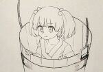  1girl bucket closed_mouth collarbone eyebrows_visible_through_hair hair_bobbles hair_ornament haramin3 highres in_bucket in_container japanese_clothes kisume monochrome short_hair touhou traditional_media twintails wooden_bucket 