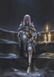 1girl armor armored_boots boots candle candle_wax dark_souls_(series) dark_souls_iii fadly_romdhani fire gauntlets shoulder_armor sirris_of_the_sunless_realms sitting solo_focus veil 