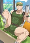  1boy abs armband bara belt blonde_hair bodysuit brown_eyes bulge closed_mouth covered_abs covered_nipples day ero_condo facial_hair green_bodysuit green_hairband hairband highres holding holding_phone indoors kienbiu large_pectorals leg_up male_focus muscular muscular_male nipples official_art pectoral_cleavage pectorals phone punt_(kienbiu) shoes short_hair skin_tight sleeveless smile sneakers solo spiked_hair thick_thighs thighs window wristband 