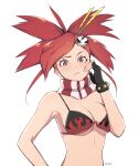  1girl bikini bikini_top black_gloves blush breasts bright_pupils cleavage closed_mouth commentary cosplay detached_collar english_commentary eyelashes fingerless_gloves flannery_(pokemon) frown gloves hair_ornament hair_stick hand_up highres long_hair looking_at_viewer milka_(milk4ppl) pokemon pokemon_(game) pokemon_rse ponytail red_hair signature solo swimsuit tengen_toppa_gurren_lagann upper_body white_pupils yoko_littner yoko_littner_(cosplay) zipper zipper_pull_tab 