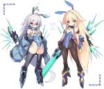  2girls ahoge animal_ears bangs bare_shoulders black_legwear blonde_hair blue_footwear blue_hairband blue_jacket blue_leotard boots breasts brown_legwear character_name closed_mouth commentary_request eyebrows_visible_through_hair fake_animal_ears green_eyes grey_hair grey_hairband hair_between_eyes hair_intakes hairband highres jacket karukan_(monjya) leotard long_hair looking_at_viewer multiple_girls off_shoulder open_clothes open_jacket pantyhose rabbit_ears red_eyes small_breasts sora_(suguri) standing strapless strapless_leotard suguri suguri_(character) sword thighhighs v-shaped_eyebrows very_long_hair weapon zipper_pull_tab 