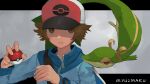  1boy baseball_cap black_background brown_eyes brown_hair grey_background hat highres hilbert_(pokemon) jacket long_sleeves looking_at_viewer poke_ball poke_ball_(basic) poke_ball_symbol pokemon pokemon_(creature) pokemon_(game) pokemon_bw snivy track_jacket twitter_username two-tone_background upper_body yunimaru 