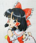  1girl absurdres bangs bare_shoulders black_eyes black_hair bow collared_vest eyebrows_visible_through_hair frilled_bow frills hair_bow hair_tubes hakurei_reimu haramin3 highres long_sleeves red_bow red_vest retro_artstyle ribbon-trimmed_sleeves ribbon_trim short_hair sidelocks simple_background solo touhou traditional_media upper_body vest white_background white_sleeves wide_sleeves 