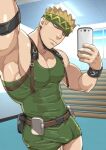  1boy abs armband bara belt blonde_hair bodysuit brown_eyes bulge closed_mouth covered_abs covered_nipples ero_condo facial_hair green_bodysuit green_hairband hairband highres holding holding_phone kienbiu large_pectorals looking_at_phone male_focus muscular muscular_male nipples official_art pectoral_cleavage pectorals phone punt_(kienbiu) short_hair sidepec skin_tight sleeveless solo spiked_hair thick_thighs thighs wristband 
