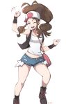  +++ 1girl ;d antenna_hair bag baseball_cap black_legwear boots breasts brown_hair clenched_hands commentary eyelashes hat high_ponytail highres hilda_(pokemon) knees long_hair milka_(milk4ppl) one_eye_closed open_clothes open_mouth open_vest pink_bag pokemon pokemon_(game) pokemon_bw shirt short_shorts shorts shoulder_bag sidelocks signature sleeveless sleeveless_shirt smile socks solo teeth tongue vest white_shirt wristband 