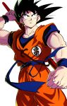  1boy absurdres arm_at_side arm_up black_eyes black_hair blue_sash blue_wristband clenched_hand closed_mouth clothes_writing collarbone colorful commentary_request cowboy_shot dougi dragon_ball dragon_ball_(classic) dragon_ball_z dutch_angle facing_viewer fingernails hand_on_weapon highres kanji looking_afar male_focus messy_hair muscular muscular_male nyoibo obi orange_pants pants sash sekitsuki_hayato short_sleeves sidelighting simple_background smirk solo son_goku spiked_hair undershirt weapon white_background wristband 