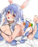  1girl animal_ears bangs barefoot bikini blue_hair blush braid breasts carrot_hair_ornament cleavage eyebrows_visible_through_hair feet food-themed_hair_ornament hair_ornament hatsuno_xxx highres hikimayu hololive large_breasts long_hair looking_at_viewer multicolored_hair open_mouth orange_eyes rabbit_ears rabbit_girl short_eyebrows side-tie_bikini smile soles solo swept_bangs swimsuit thick_eyebrows twin_braids twintails two-tone_hair usada_pekora virtual_youtuber white_hair 