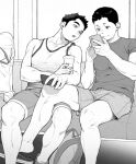  2boys bara bare_shoulders casual couple feet_out_of_frame gakki_(gaku_suru) greyscale head_tilt holding holding_phone leg_between_thighs long_sideburns male_focus monochrome multiple_boys on_person original pectorals phone short_hair shorts sideburns sidepec sitting smile tank_top toned toned_male train_interior yaoi 