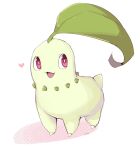 :d bright_pupils chikorita commentary english_commentary full_body heart looking_to_the_side milka_(milk4ppl) no_humans open_mouth pokemon pokemon_(creature) red_eyes signature smile solo standing tongue white_pupils 