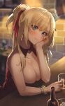  1girl :3 alcohol bare_arms bare_shoulders blonde_hair blue_eyes blush boku_wa_tomodachi_ga_sukunai bottle breasts bug butterfly butterfly_hair_ornament cleavage cup dress drinking_glass flower hair_ornament hair_ribbon highres kashiwazaki_sena large_breasts long_hair looking_at_viewer parted_lips ponytail red_dress red_ribbon ribbon smile solo sooon symbol-only_commentary wine wine_bottle wine_glass 