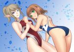  2girls blonde_hair blue_eyes brown_hair character_request cognite commentary_request competition_swimsuit cowboy_shot elf from_below green_eyes highleg highleg_swimsuit itsuki_(rocketride) long_hair looking_at_viewer master_of_epic multicolored_clothes multicolored_swimsuit multiple_girls one-piece_swimsuit pointy_ears ponytail short_hair swimsuit 